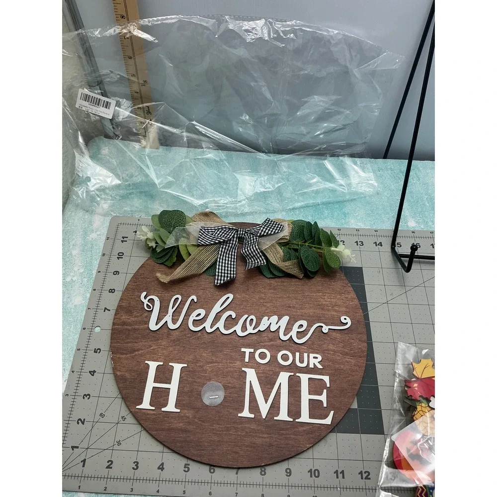 Interchangeable Welcome To Our Home Sign 12in Round Wood Farmhouse Door Decor